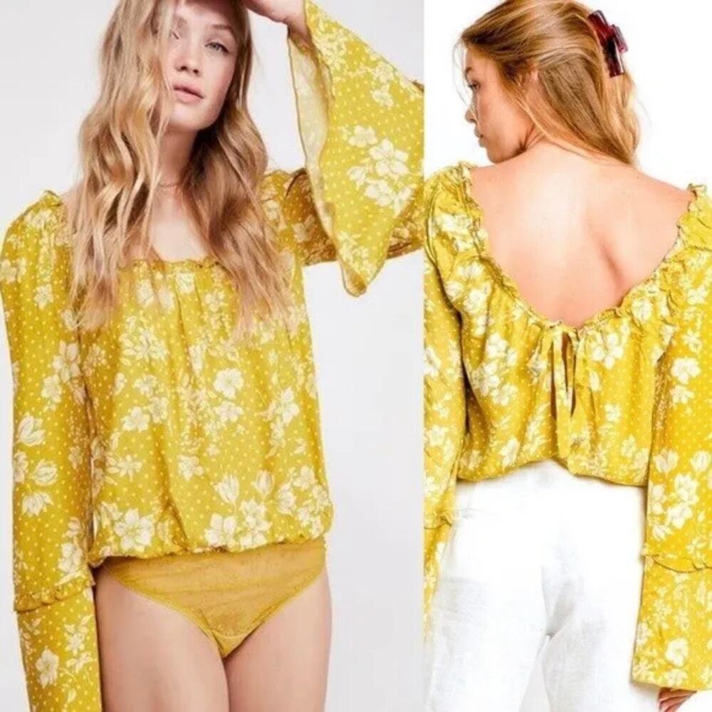 Free People One On One Date Bodysuit Marigold Combo Top Bell Sleeve MED